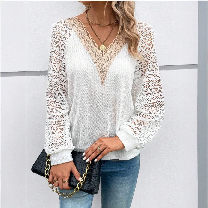 Long Sleeve V-Neck Lace Panel Sheer Casual T-Shirt