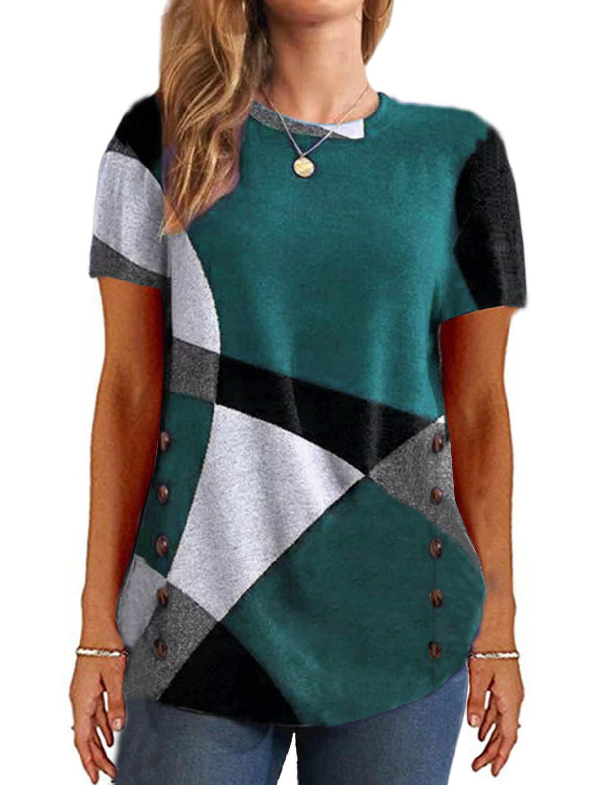 Button Geometric Colorblock Long Sleeve Print Loose T-Shirt Women's Top