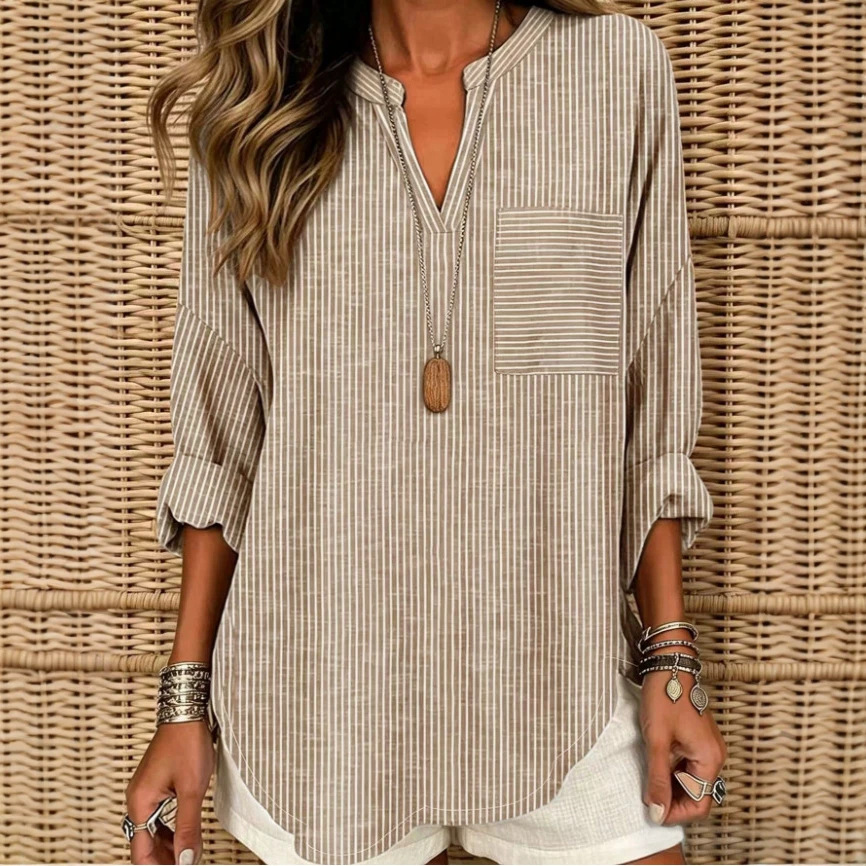 Women's Striped V-Neck Loose Fit Pocket Blouse