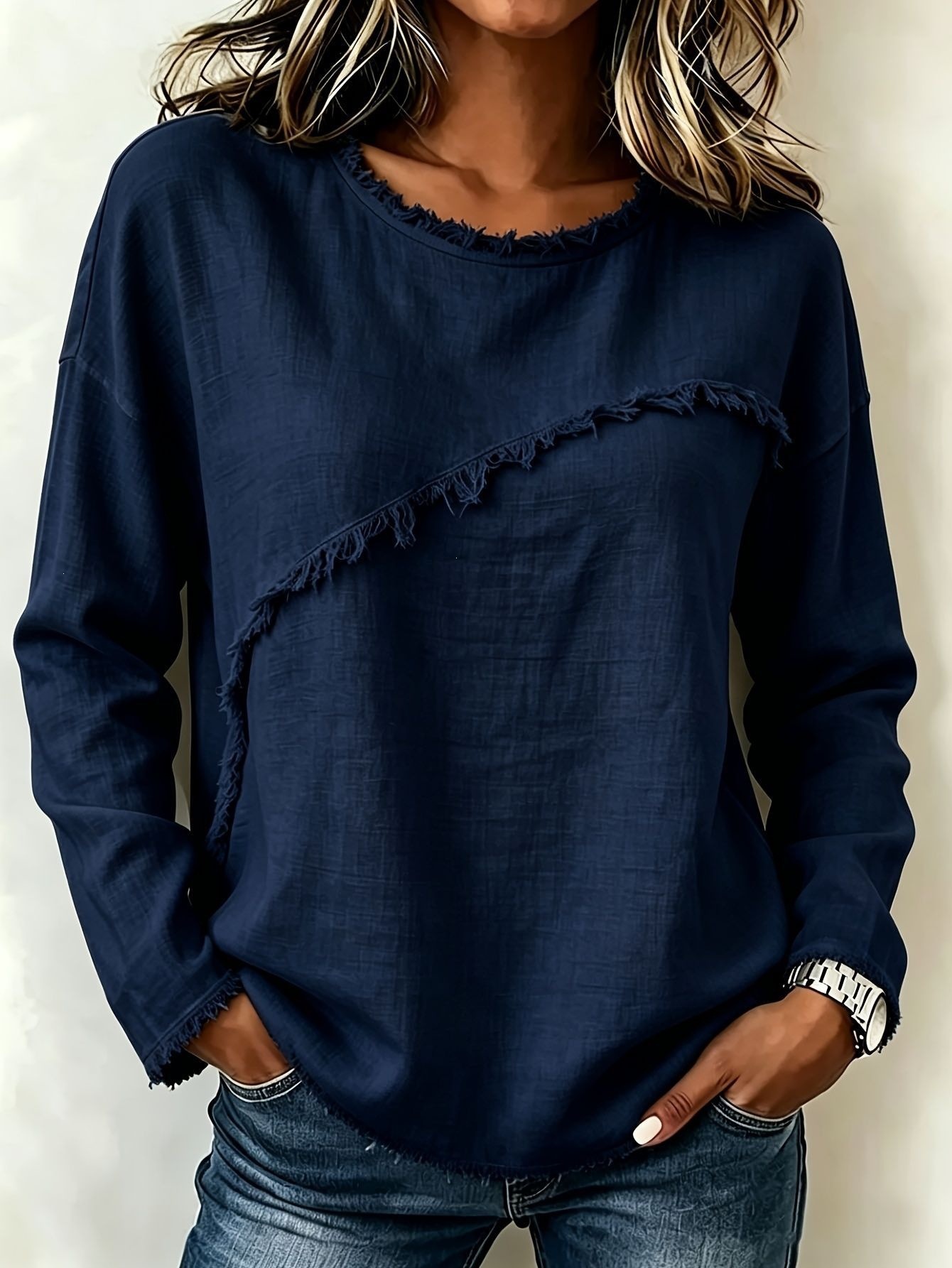 Women's Round Neck Faux Fur Trim Long Sleeve T-Shirt Solid Color Top