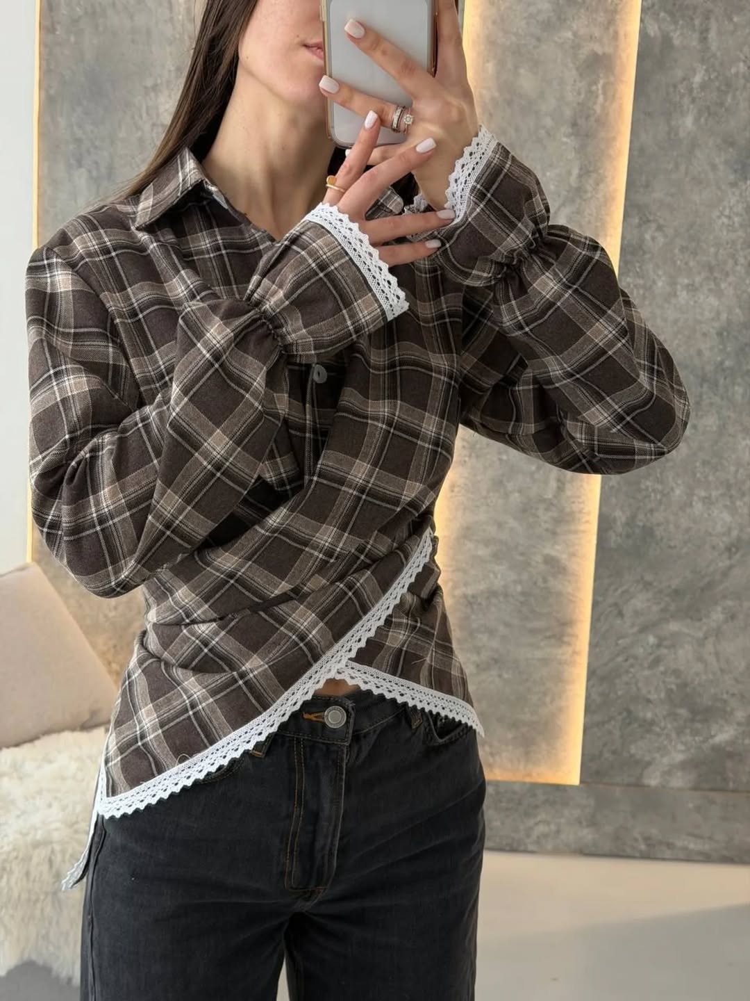 Women's Retro Plaid Long-Sleeve Polo Shirt