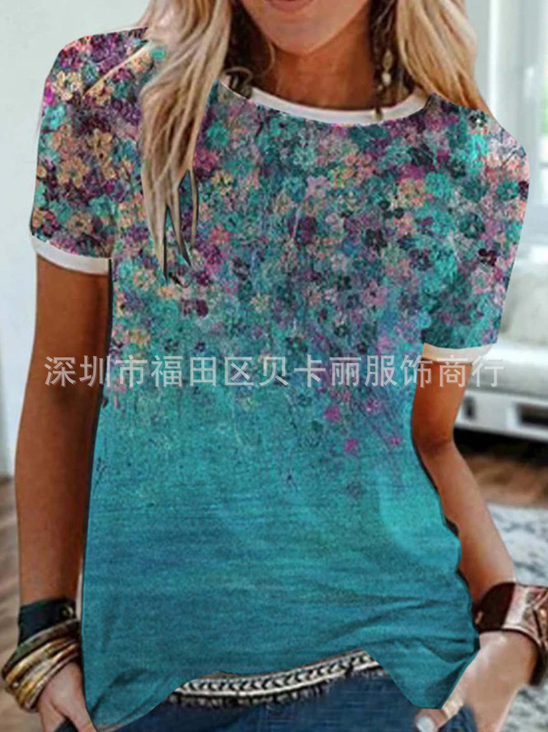 Tie-Dye Print Short Sleeve Crewneck Pullover T-Shirt for Women