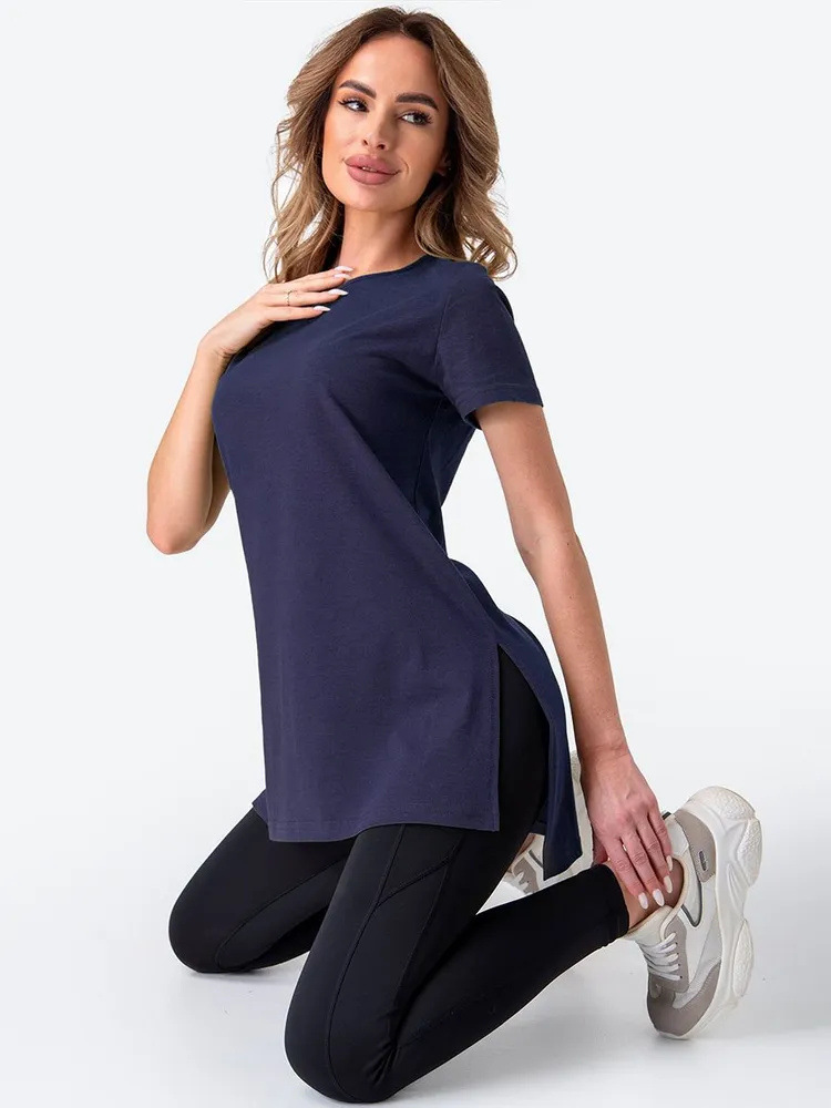 Women's Loose Crewneck Short Sleeve Split Knit Top
