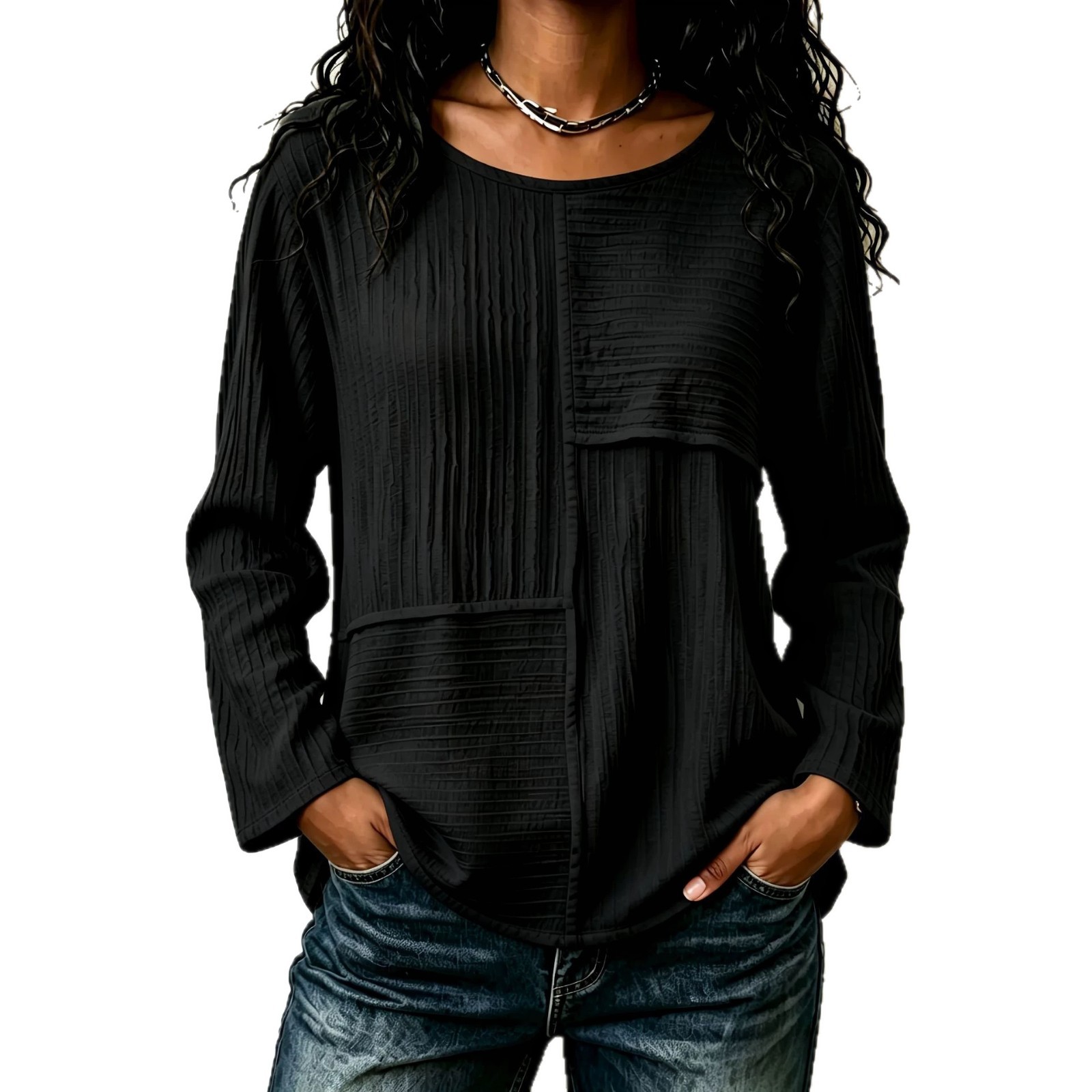 Women's Crewneck Colorblock Loose Long Sleeve Top