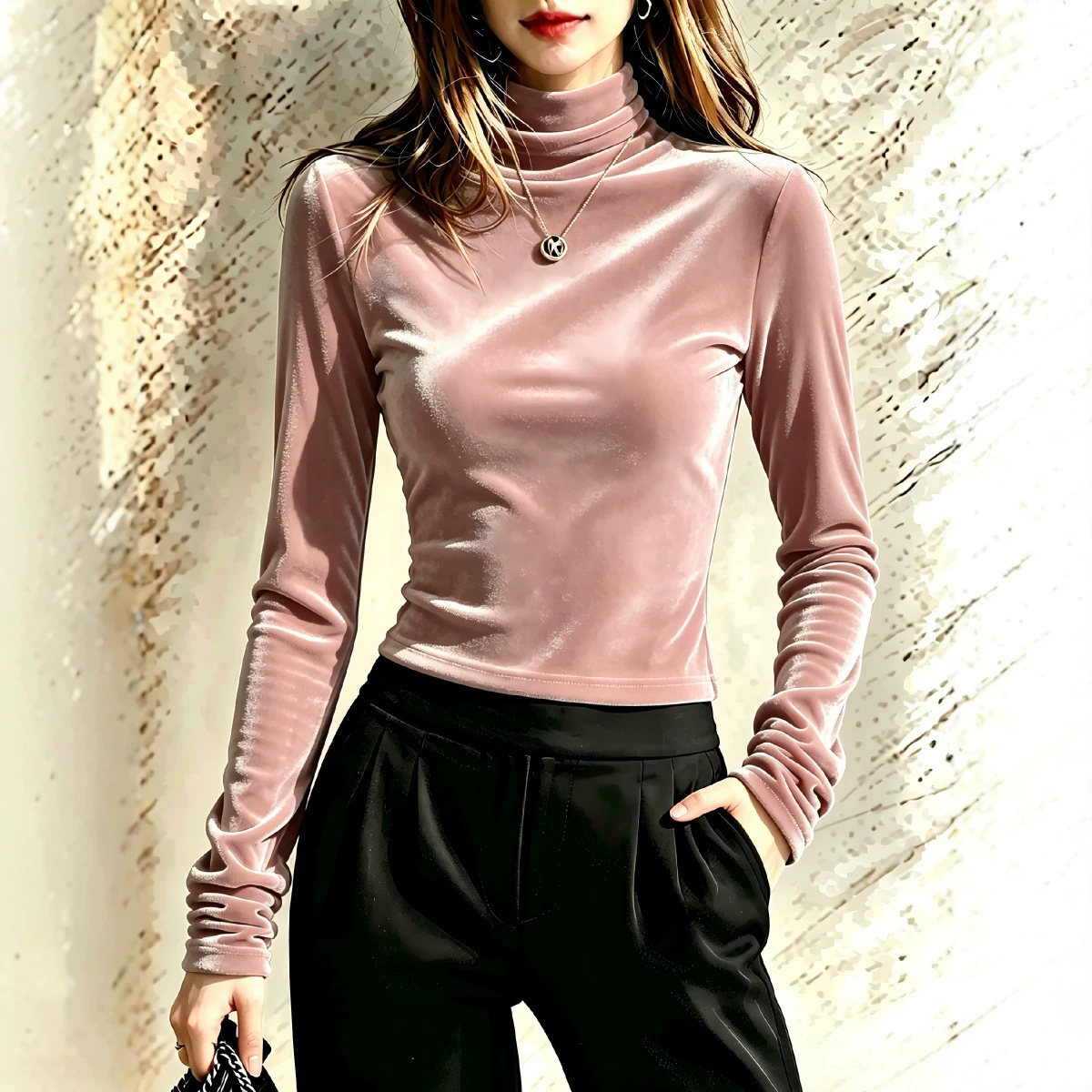 Solid Velvet High Neck Long Sleeve T-Shirt
