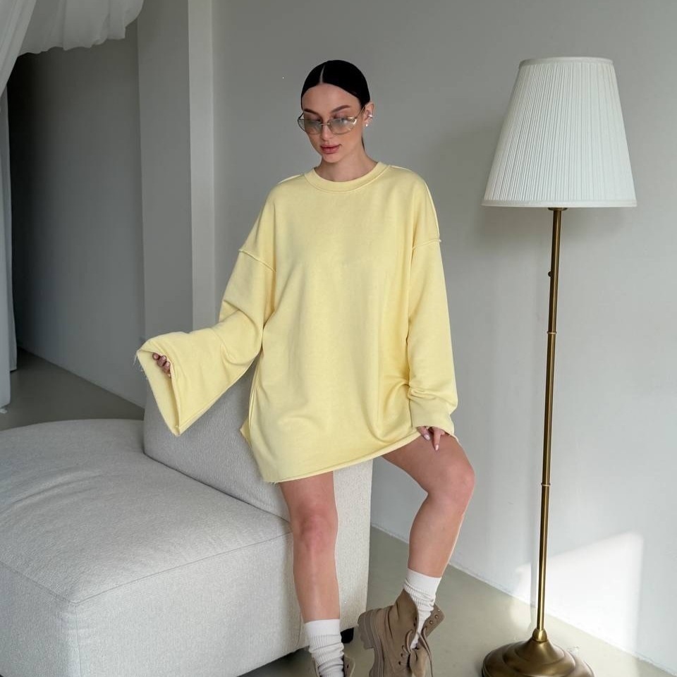 Women's Oversized Midi Sweatshirt Dress Long Sleeve Crew Neck Solid Color