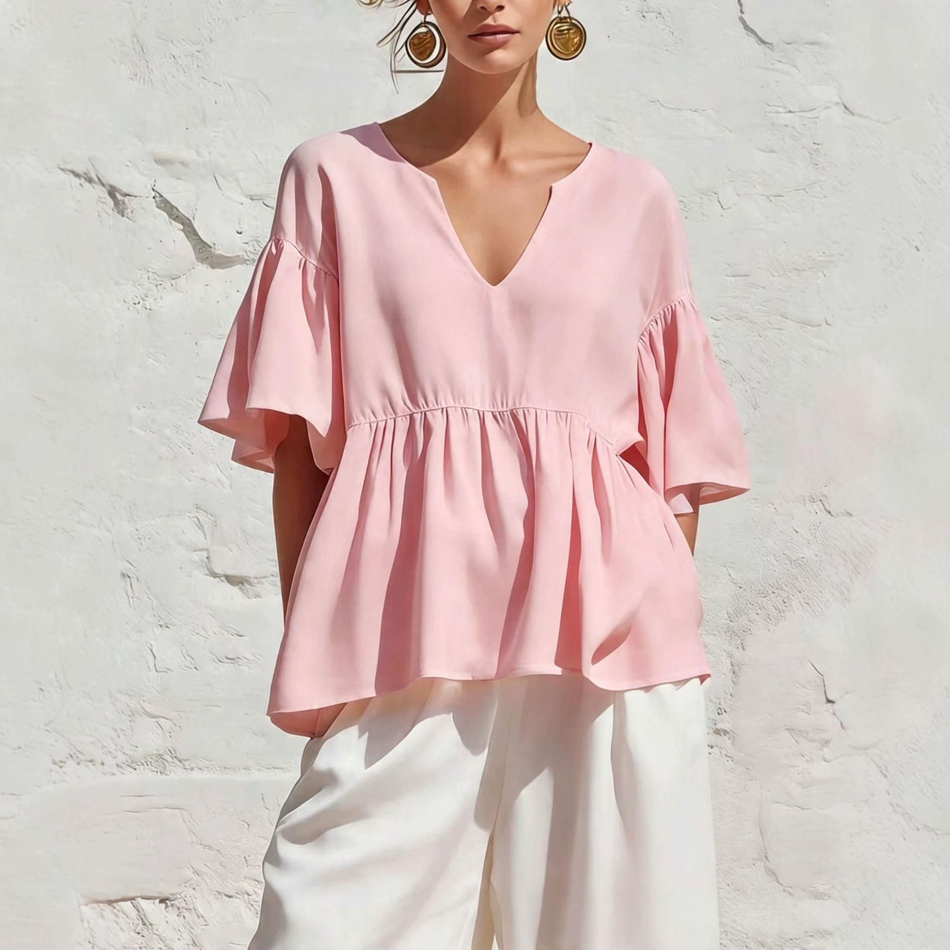 Women's Solid V-Neck Ruffle Sleeve Loose Knit Top