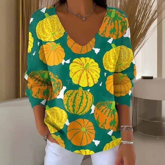 Colorful Leaf Striped V-Neck Long-Sleeve T-Shirt for Women