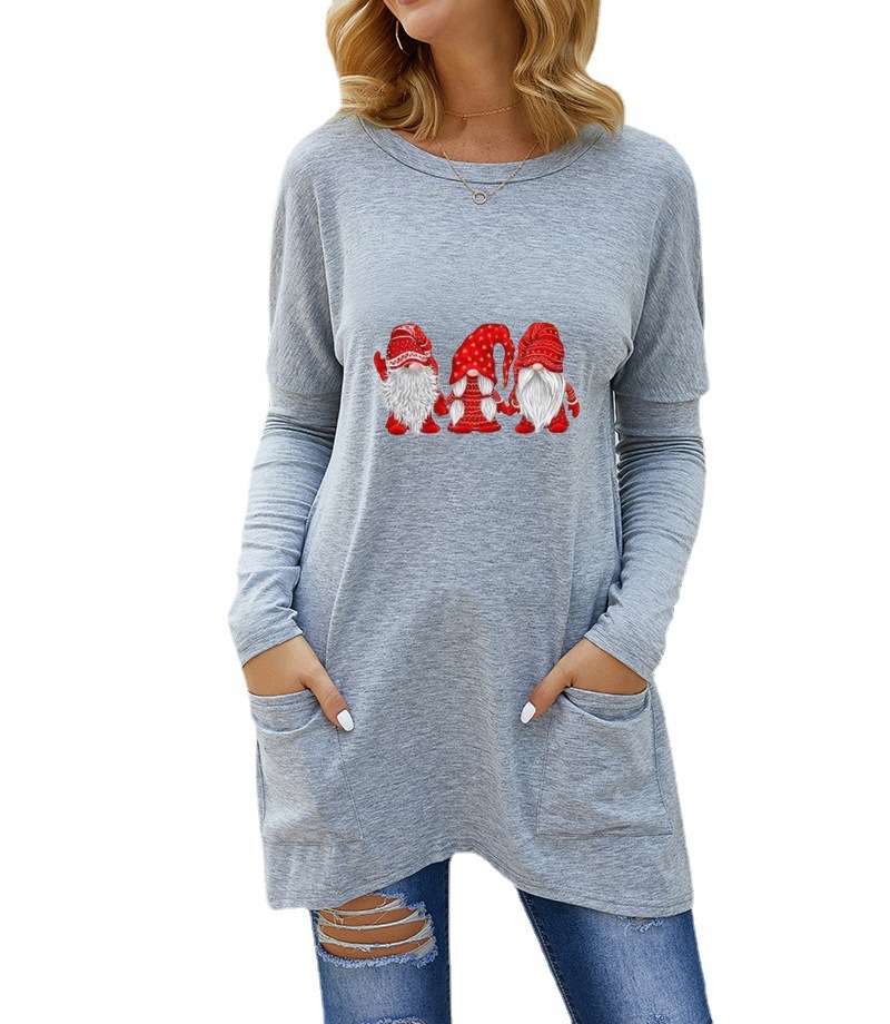 Santa Print Loose Long-Sleeve T-Shirt for Women