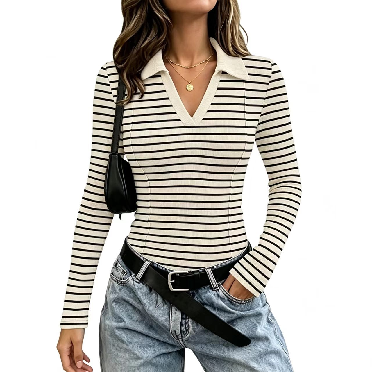 Retro Black and White Striped V-Neck Long-Sleeve Polo Shirt