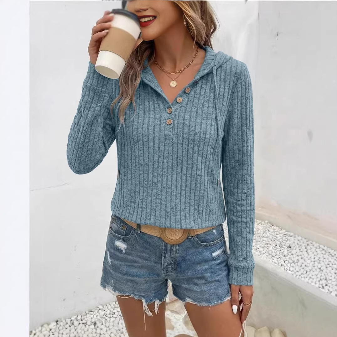 Solid V-Neck Button Hooded Brushed T-Shirt