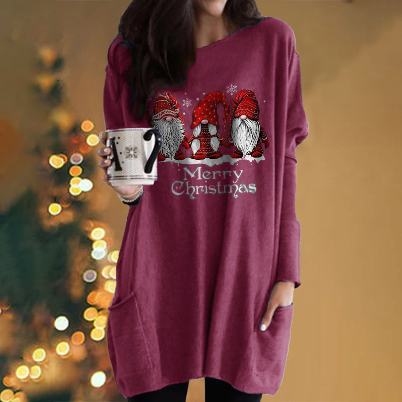 Christmas Santa Print Long-Sleeve Pocket Round-Neck T-Shirt Dress