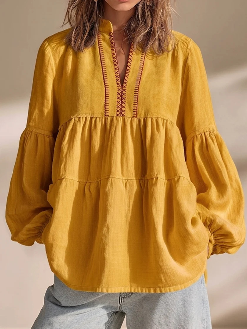 Boho Floral Print Stand Collar Pleated Loose Long Sleeve Top