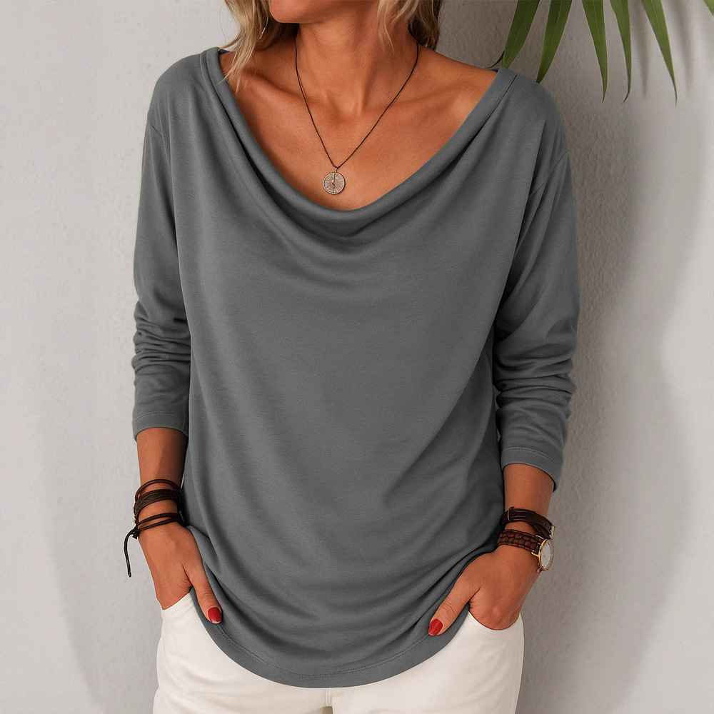 Women's Casual Loose Long Sleeve Solid Color Cowl Neck Pullover T-Shirt