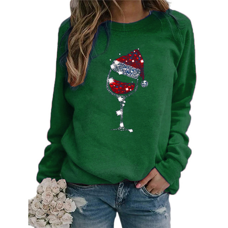 Christmas Wine Glass Print Long Sleeve Crewneck T-Shirt for Women