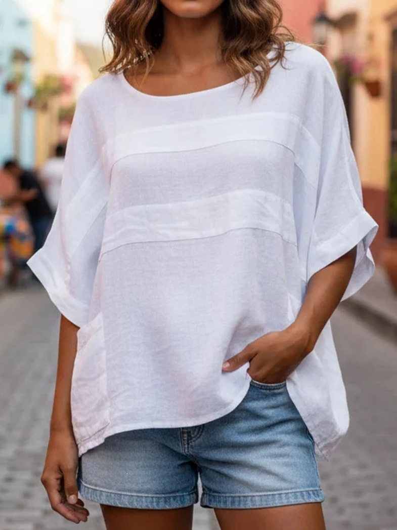 Women's Linen Round Neck 3/4 Sleeve Loose Casual Top with Pockets