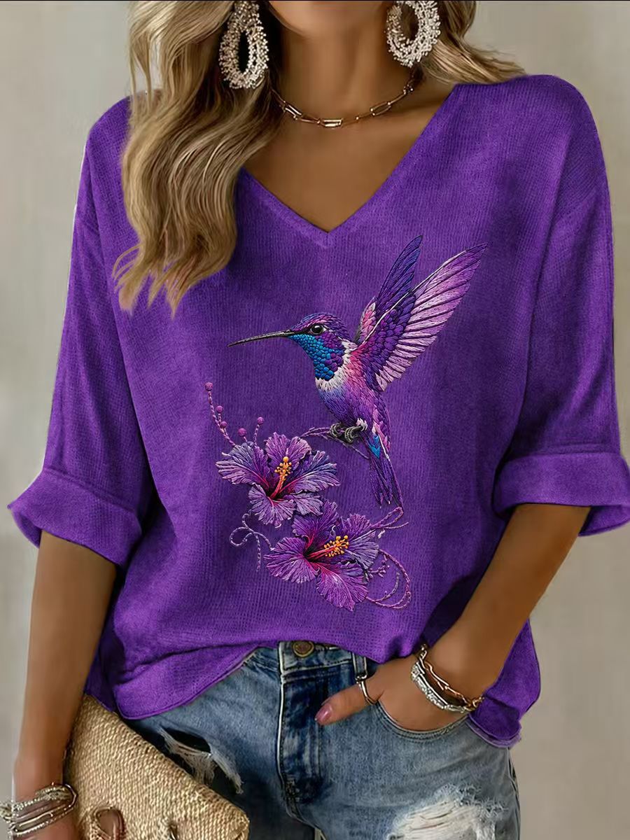 Women's Bird Sparrow Ribbon Print V-Neck Half-Sleeve T-Shirt