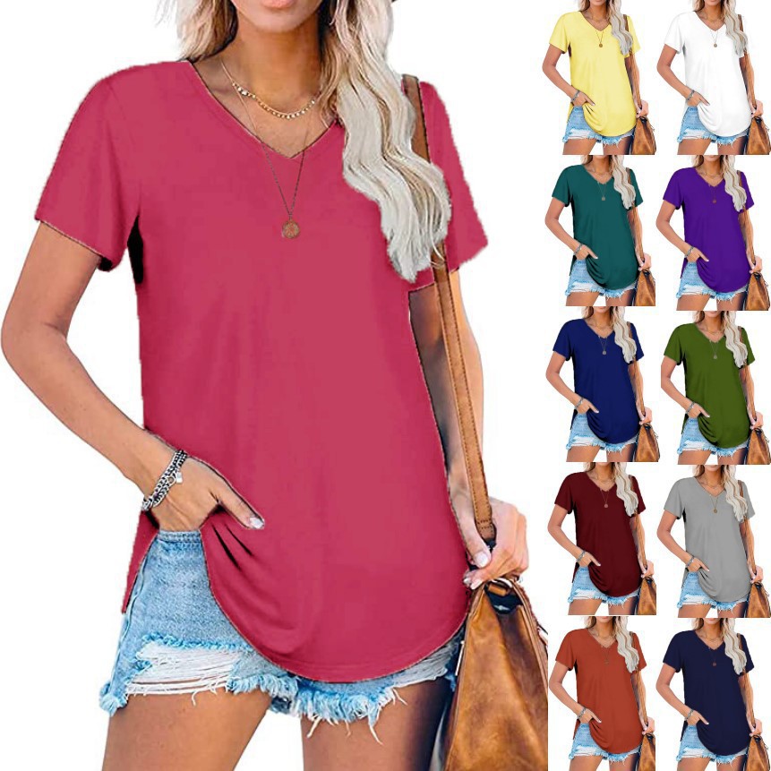 Women's V-Neck Knit Short Sleeve T-Shirt Loose Plus Size Solid Color Top