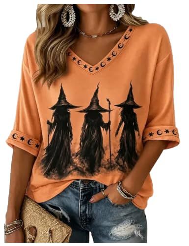 Halloween Witch Print V-Neck Half-Sleeve Women's T-Shirt