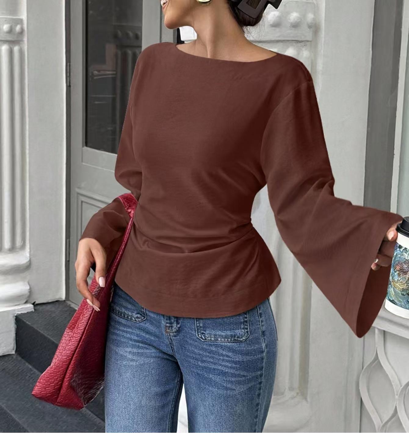 Solid Color Boat Neck Flared Sleeve Cinched Waist Long Sleeve Top