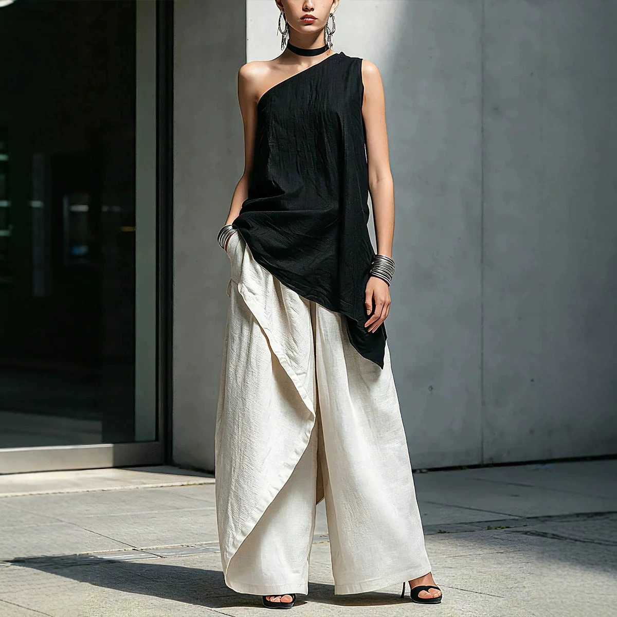 Asymmetric One-Shoulder Cotton-Linen Top Women's Loose Casual T-Shirt