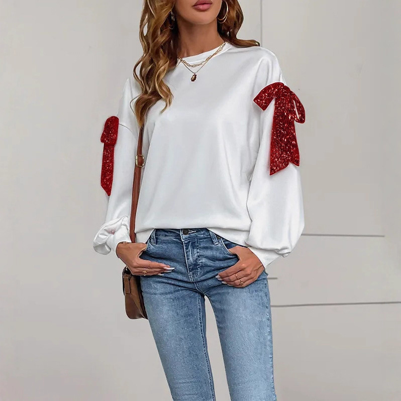 Women's Bow Sequin Long Sleeve Sweatshirt Loose Fit Crewneck Pullover