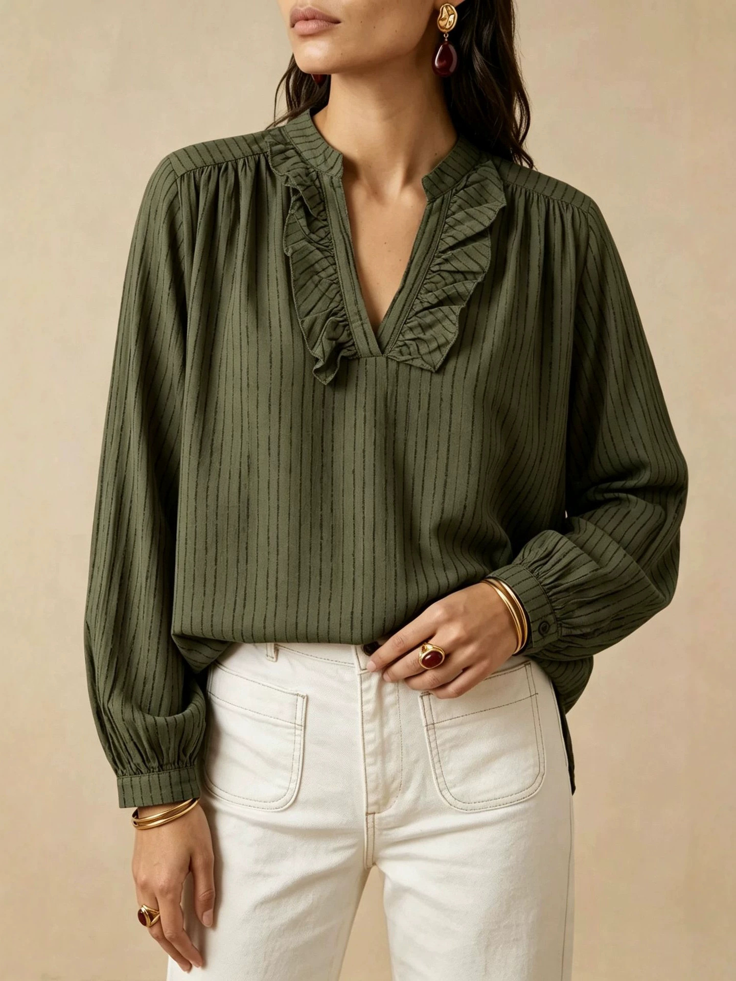 Ruffle V-Neck Long Sleeve Striped Women's Shirt