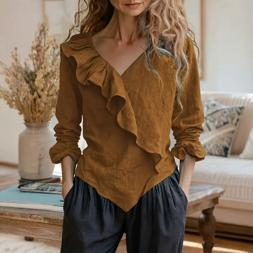 Women's Solid V-Neck Long Sleeve Ruffle Cotton-Linen Top