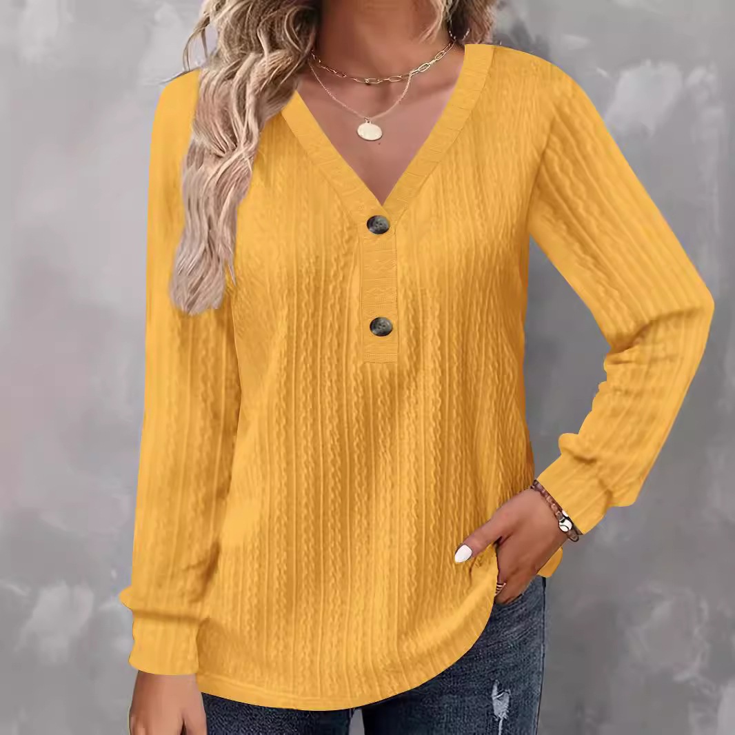 Women's Button V-Neck Long Sleeve Solid Color Casual T-Shirt Top