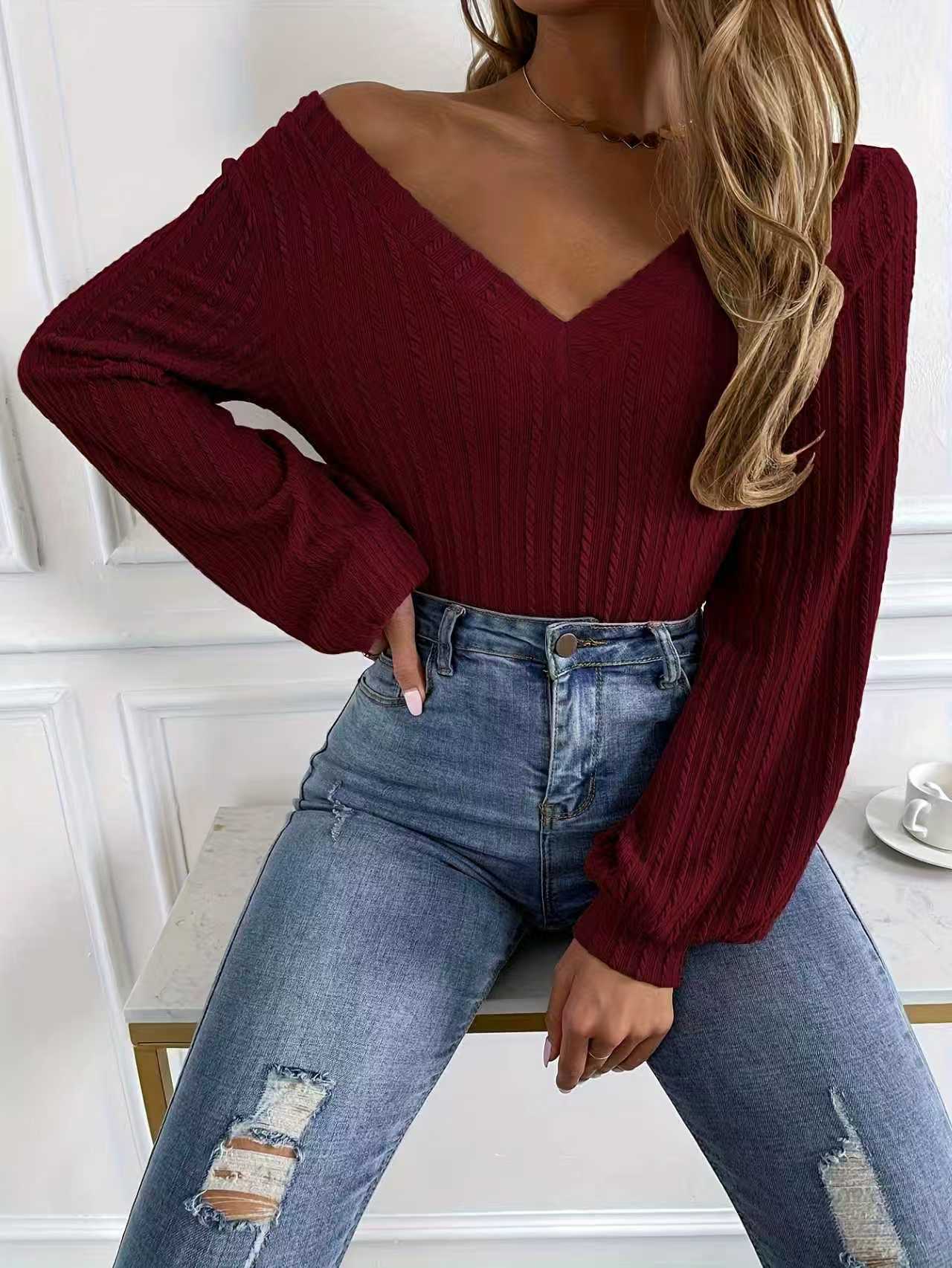 Women's Ribbed V-Neck Long Sleeve T-Shirt Solid Color Casual Top