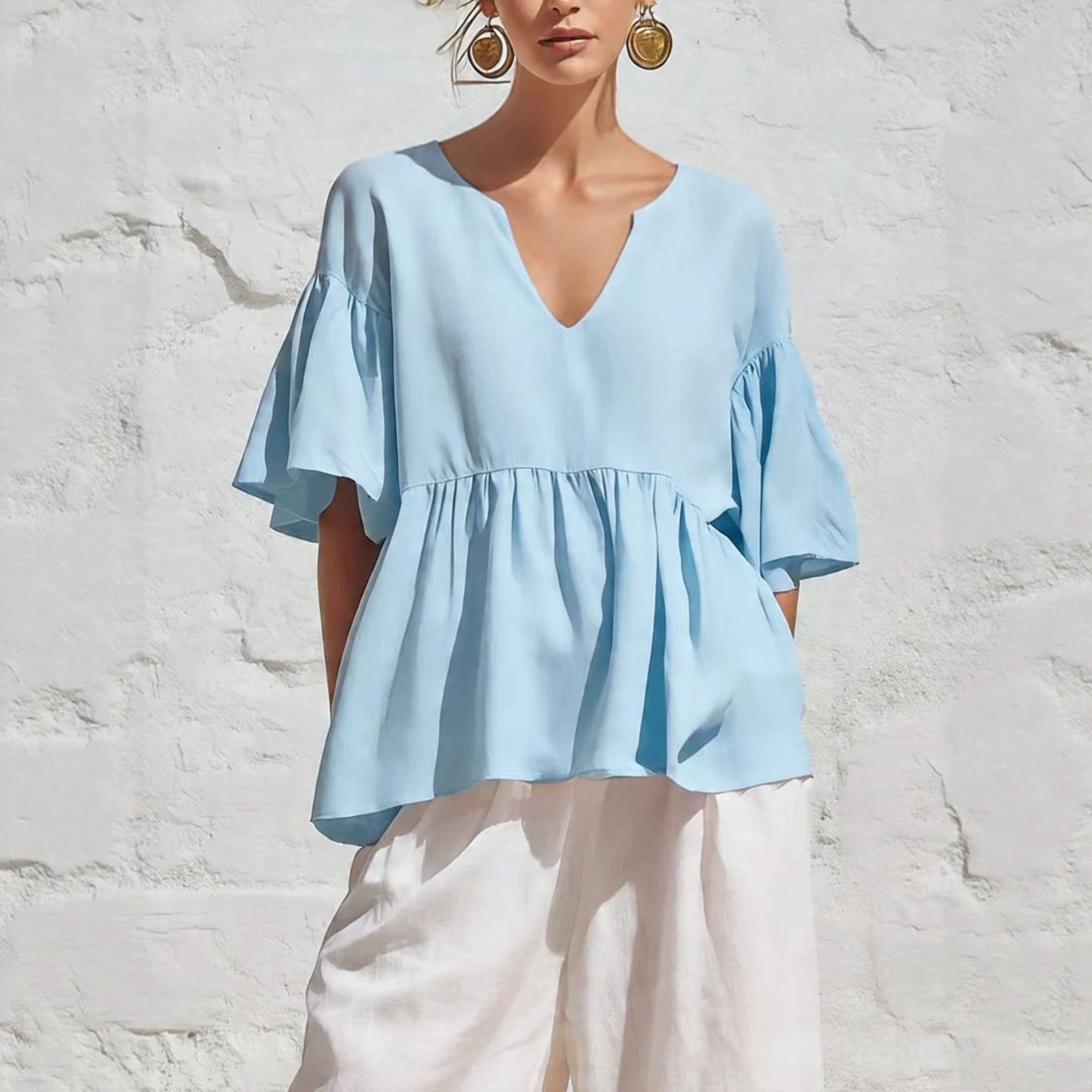 Women's Solid V-Neck Ruffle Sleeve Loose Knit Top