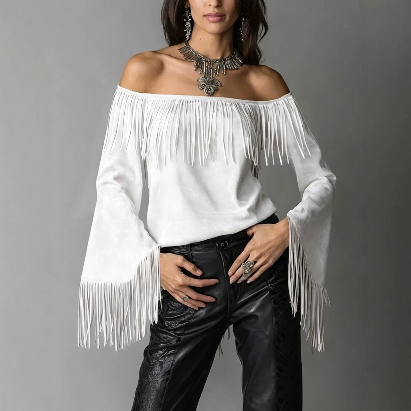 Women's Off-Shoulder Faux Suede Fringe Top with Flared Sleeves