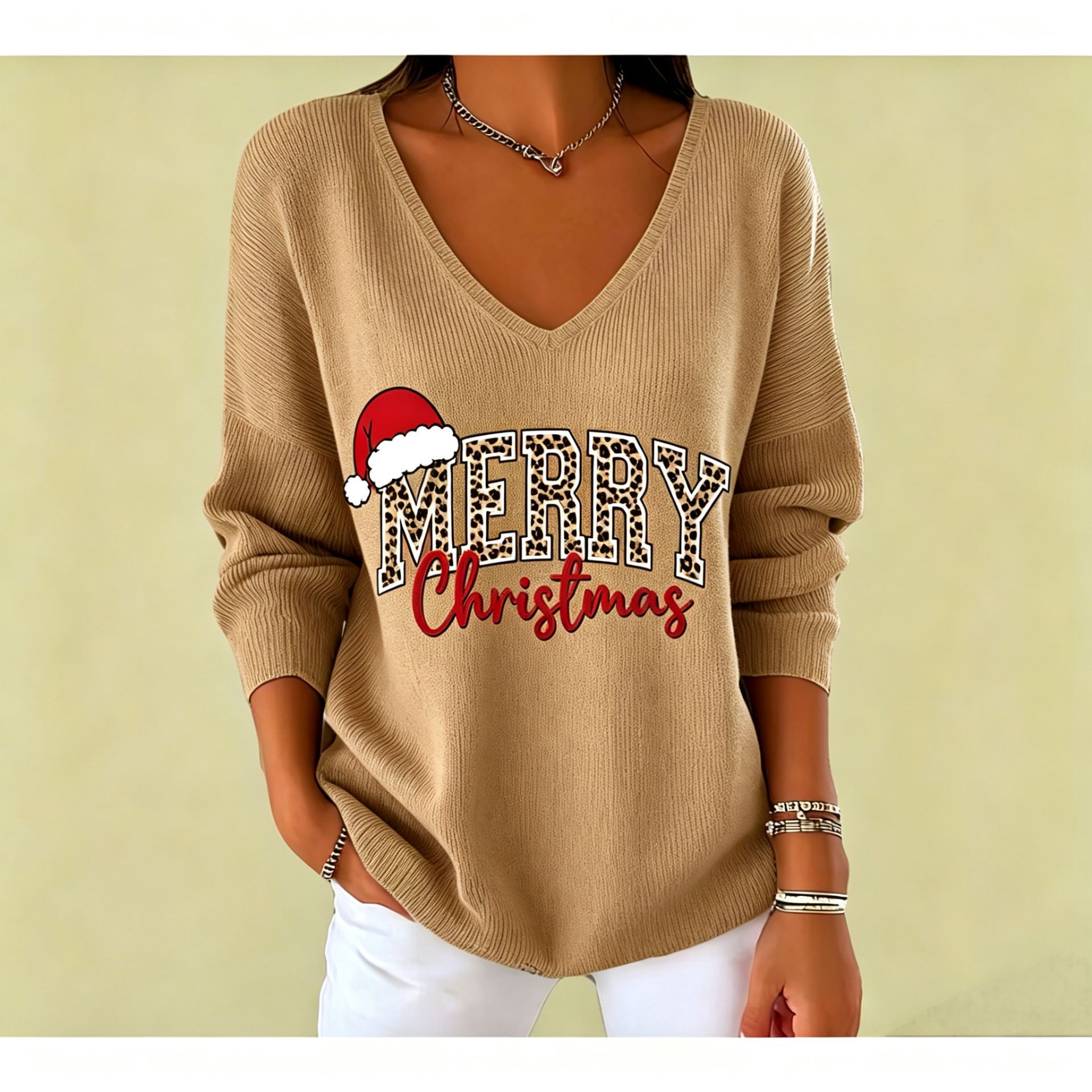 Christmas Letter Print V-Neck Long Sleeve Women's T-Shirt