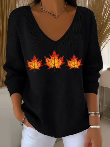 Maple Leaf Print V-Neck Long Sleeve T-Shirt