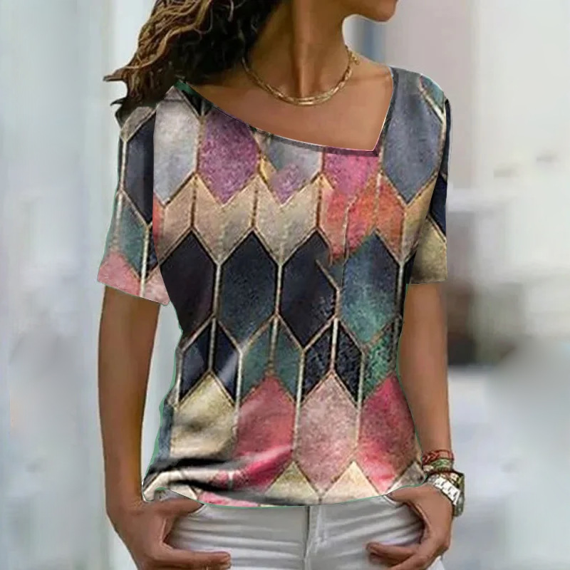 Women's Colorblock V-Neck Short Sleeve Printed Top T-Shirt