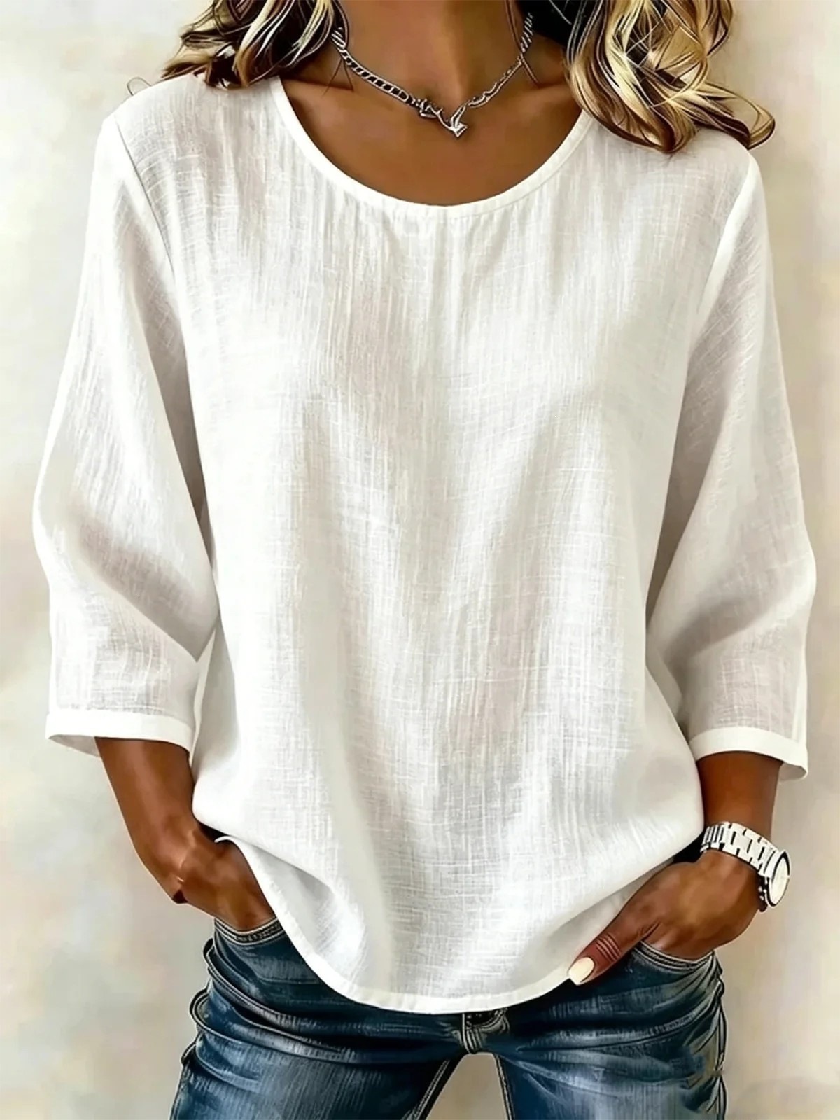 Women's Solid Crewneck Nine-Sleeve Loose Casual Top