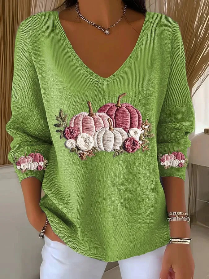 Pumpkin Print V-Neck Long Sleeve Women's Top