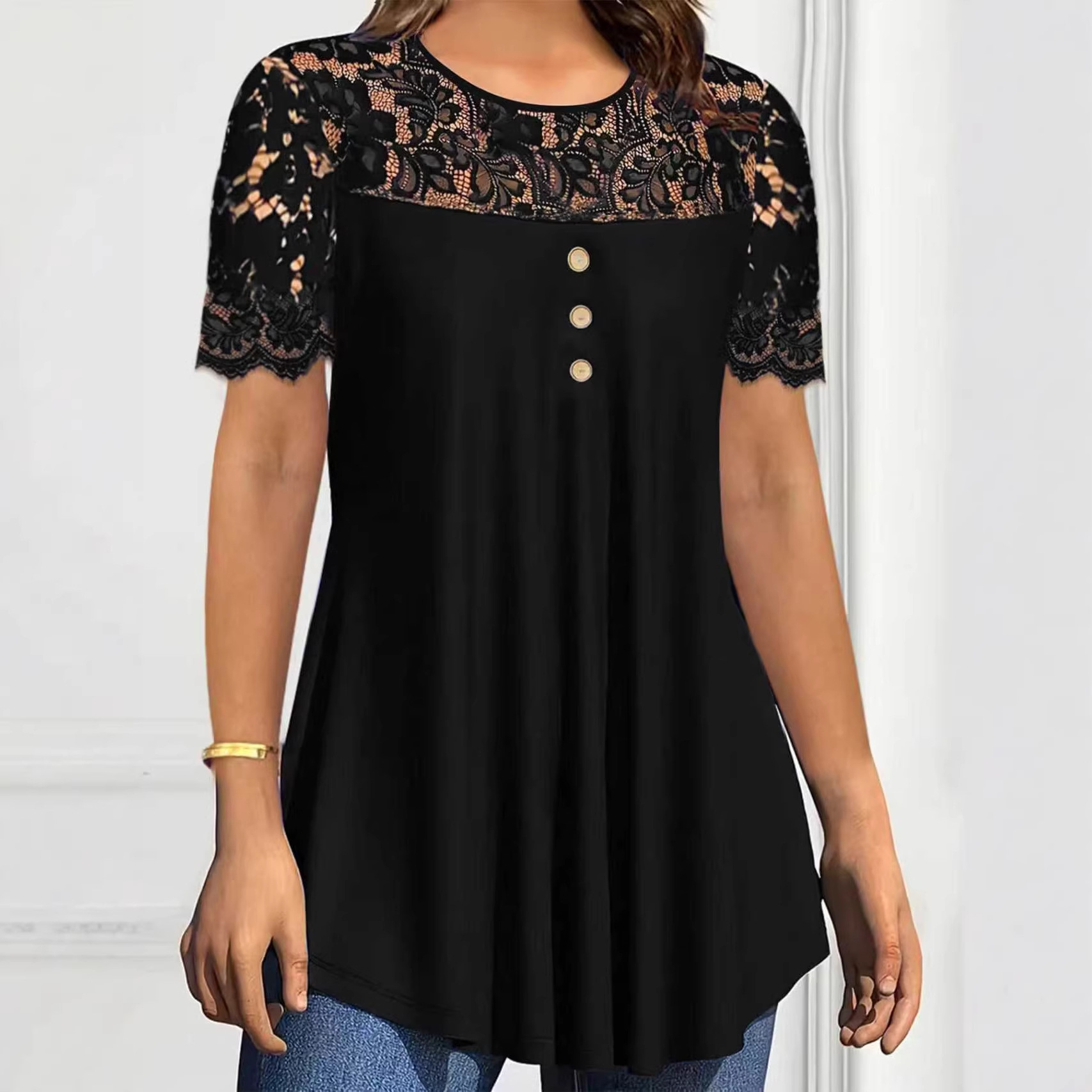 Women's Solid Color Lace Trim Short Sleeve Round Neck T-Shirt