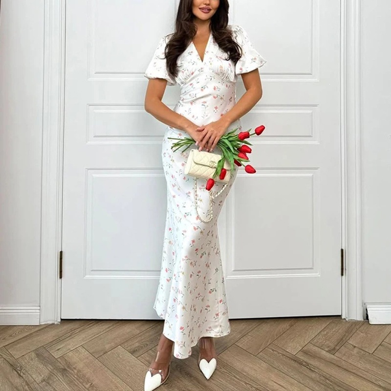 Floral Print V-Neck High-Waist Slim Fit Midi Dress