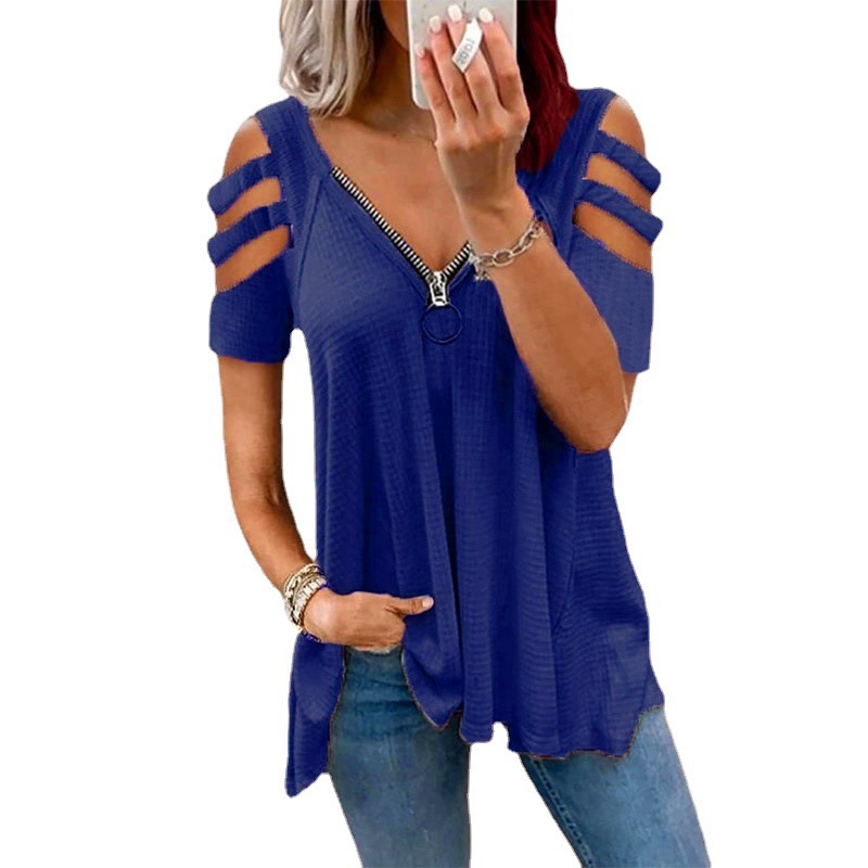 Women's Cold-Shoulder Short-Sleeve V-Neck Zip Solid T-Shirt Top