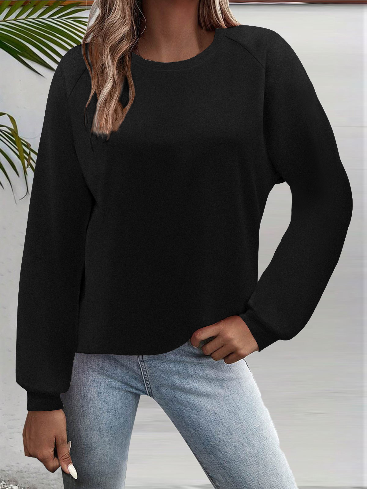 Women's Long Sleeve Crewneck T-Shirt Solid Color Loose Fit Top