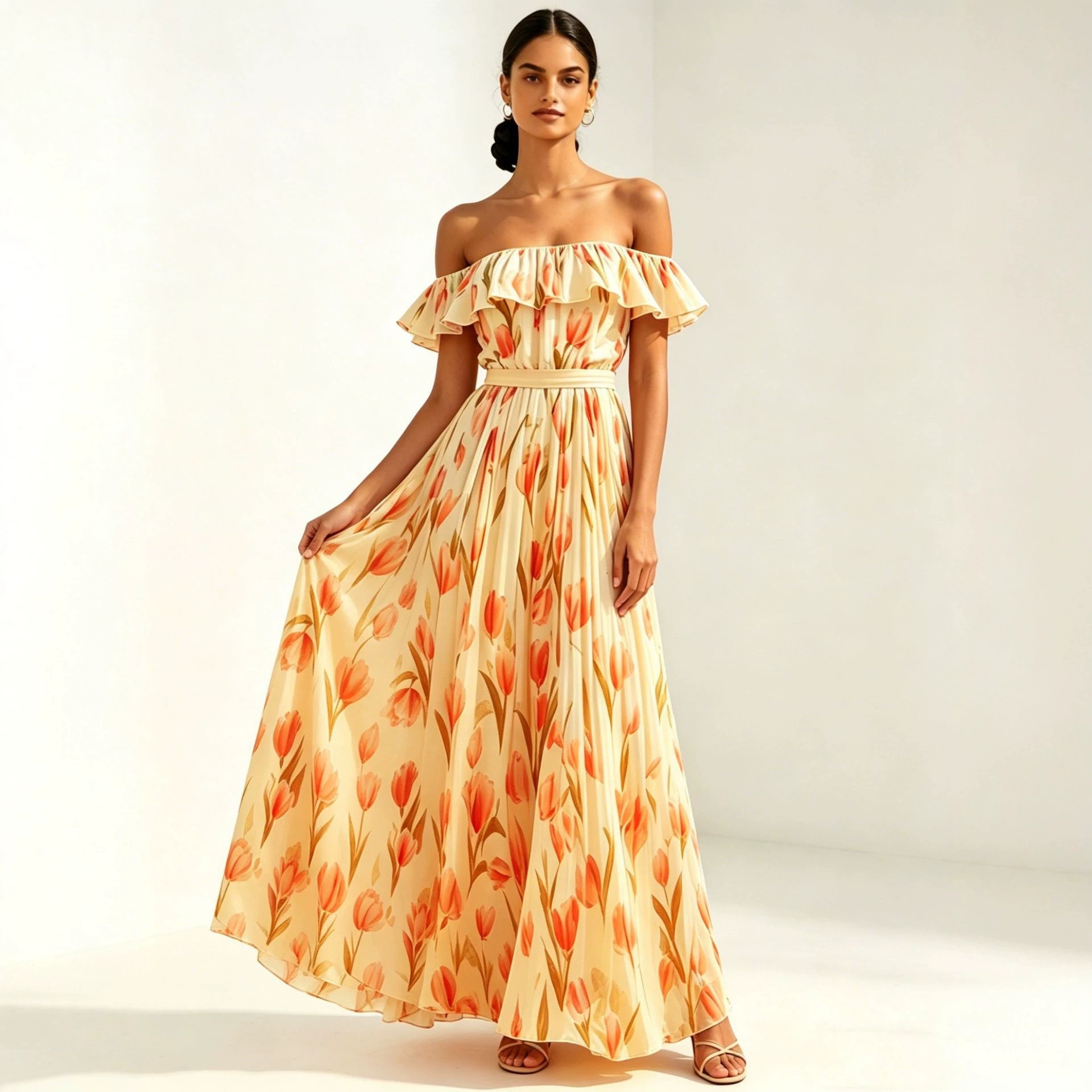 Floral Print Off-Shoulder Maxi Dress with Cinched Waist and Flowy Skirt
