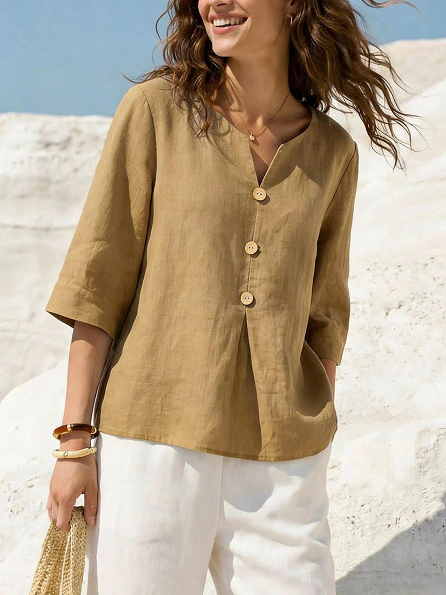 Women's Solid Color Cotton-Linen V-Neck Button T-Shirt Casual Loose Fit