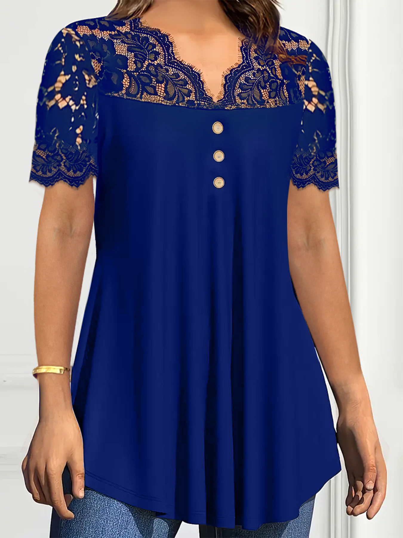 Women's Solid Lace Short Sleeve V-Neck Casual Blouse