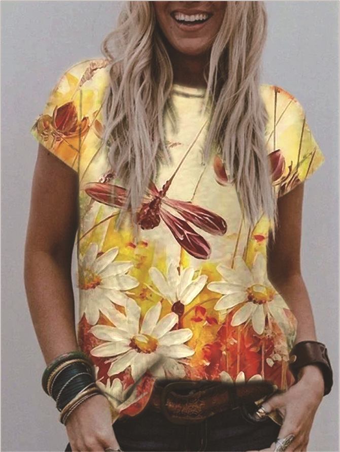 Women's V-Neck Floral Print Short Sleeve Loose Fit T-Shirt