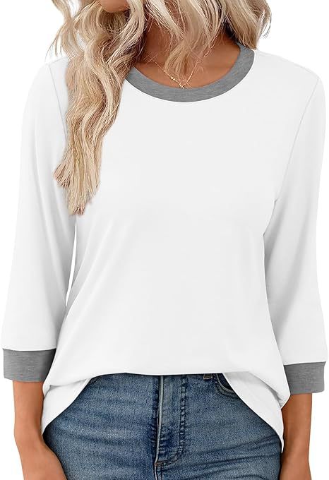 Women's 3/4 Sleeve Colorblock T-Shirt Crew Neck Fitted Top