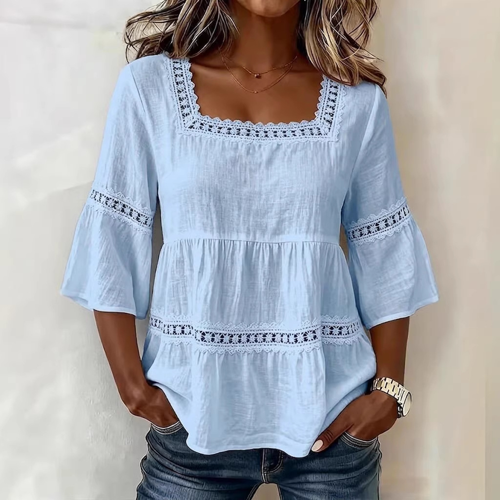 Women's Square Neck Cotton-Linen Lace Trim 3/4 Sleeve Top