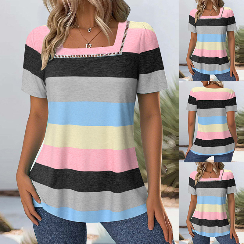 Women's Color-Block Striped Short-Sleeve Slim Fit T-Shirt