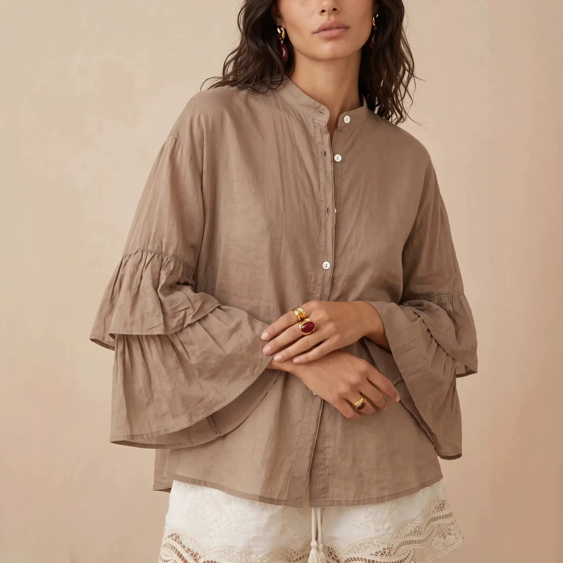 Women's Solid Color Stand Collar Button Double-Layer Bell Sleeve Loose Casual Shirt