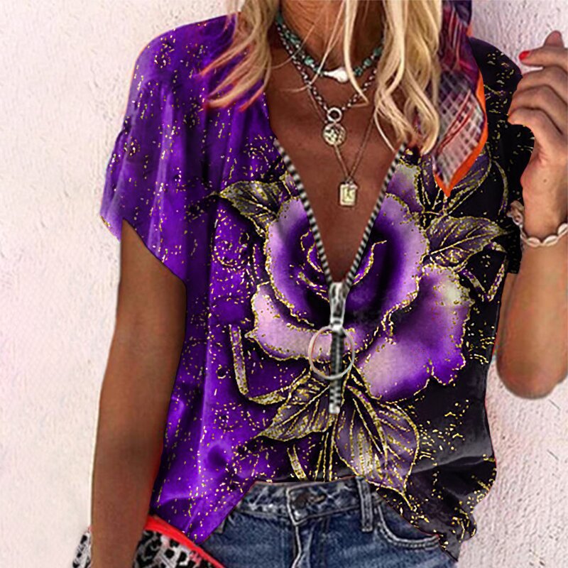 Women's Zip Short Sleeve Rose Print T-Shirt